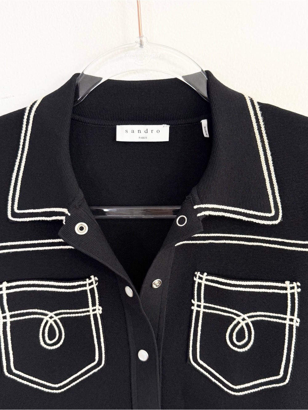 Sandro Size 2 Medium Topstitched Denim Style Milano Cardigan Black White Trim - Picture 3 of 6